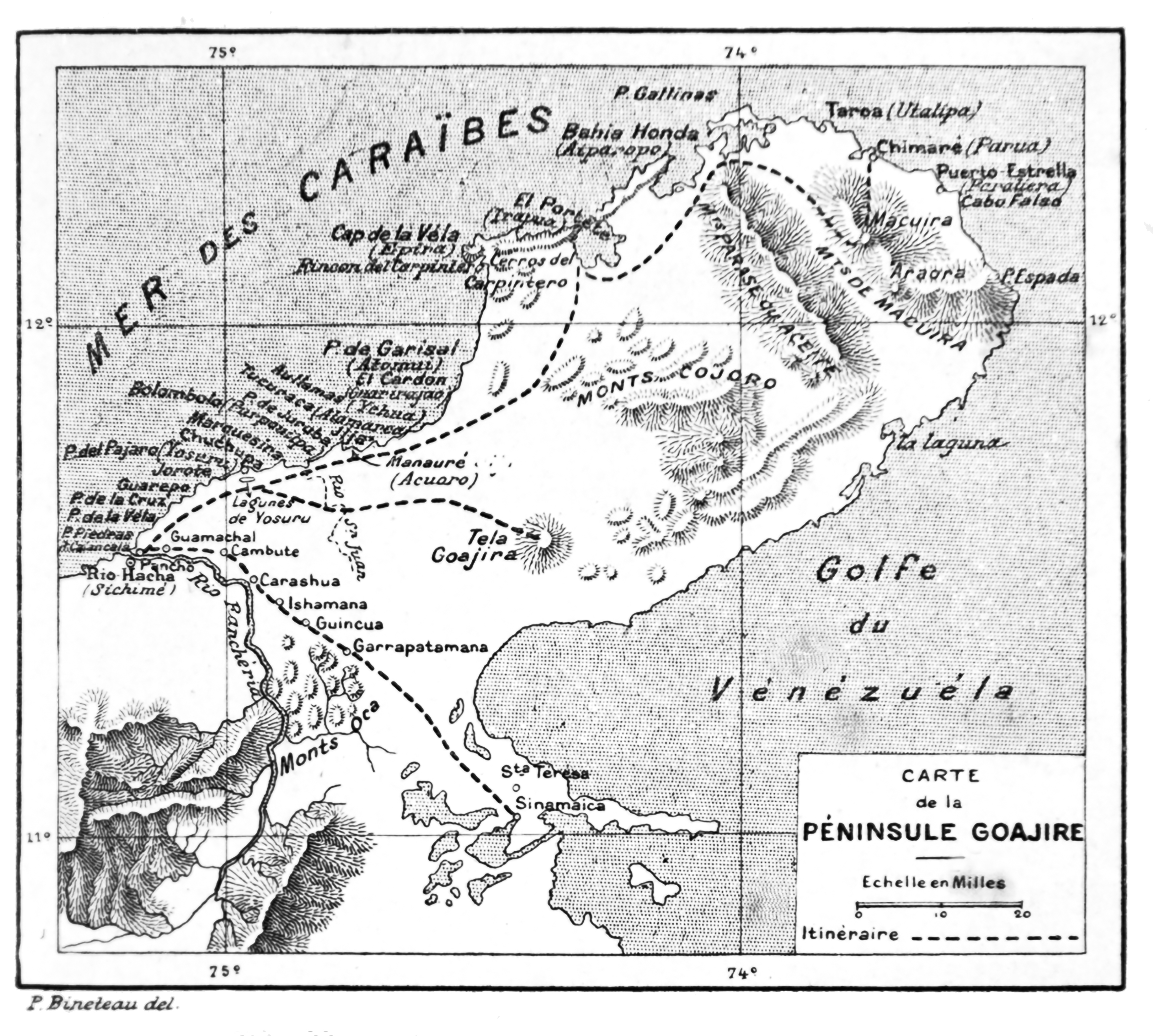 Historic map of Héliodore Candelier's 1893 expedition through the Guajira peninsula